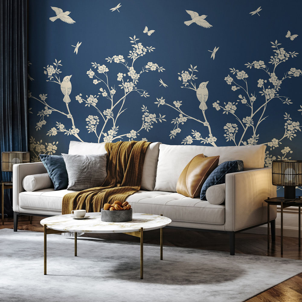 Origin Murals Repeatable Blossom Trail Navy 3 Drop Wall Mural Image 3
