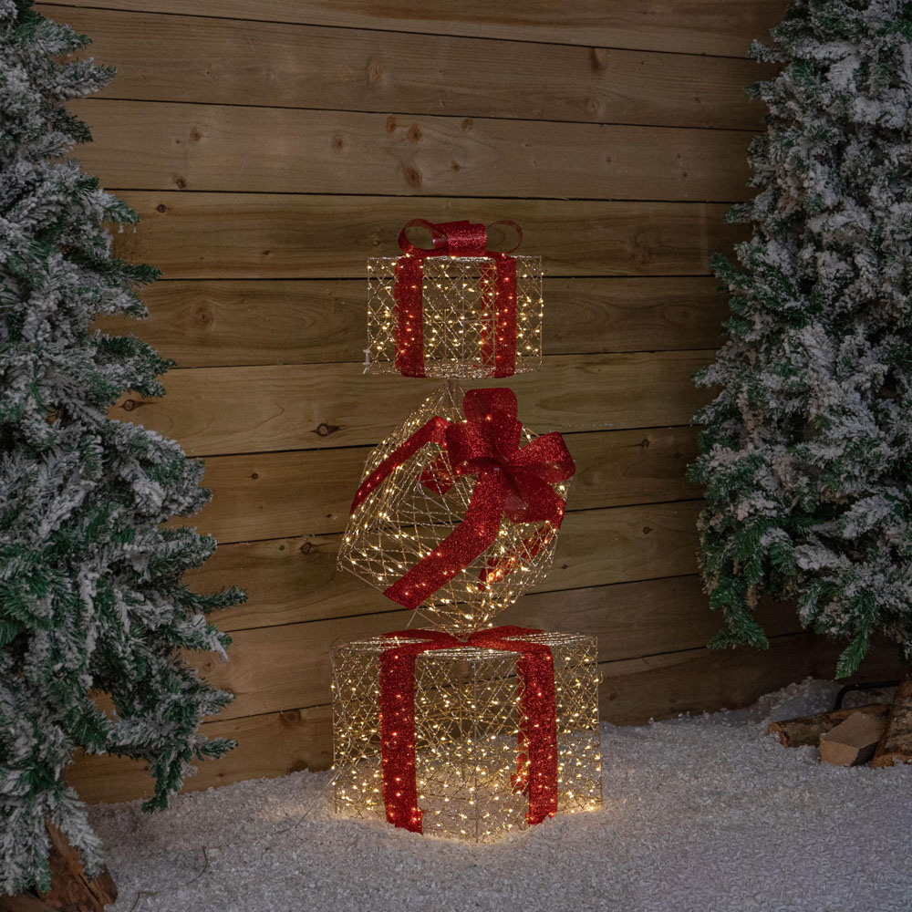 Samuel Alexander 500 Warm White LED Gold Christmas Parcel Stack with Timer 96cm Image 2