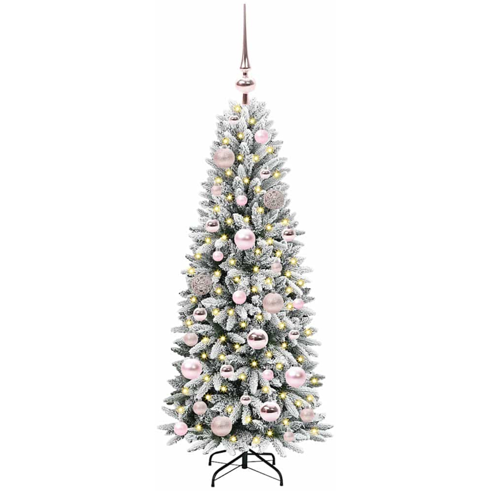vidaXL Pre-Lit Pink Baubles Artificial Snow Flocked Christmas Tree 4ft Image 1