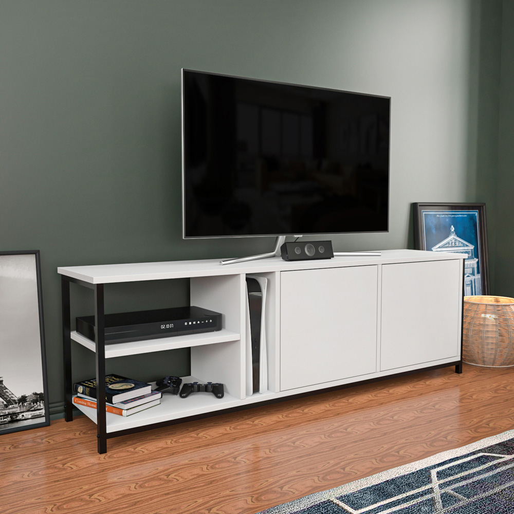 Decorotika Primrose 2 Door 3 Shelf Black and White TV Stand for 72 inch TV Image 5