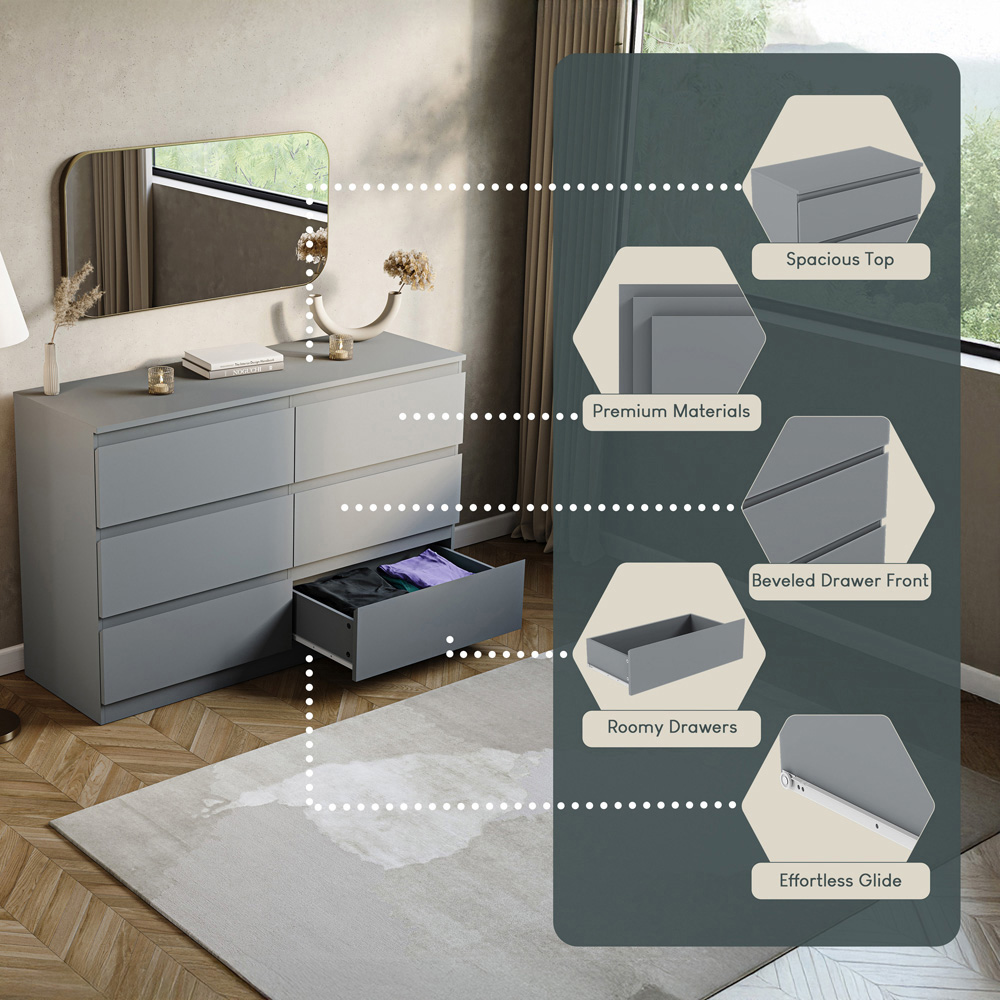 VIDA DESIGNS Denver 6 Drawer Grey Chest of Drawers Image 7