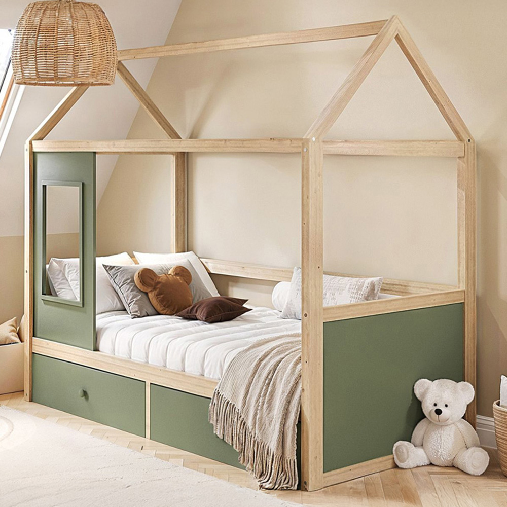 Flair Ted Green Wooden Play House Bed Frame with Storage Image 1