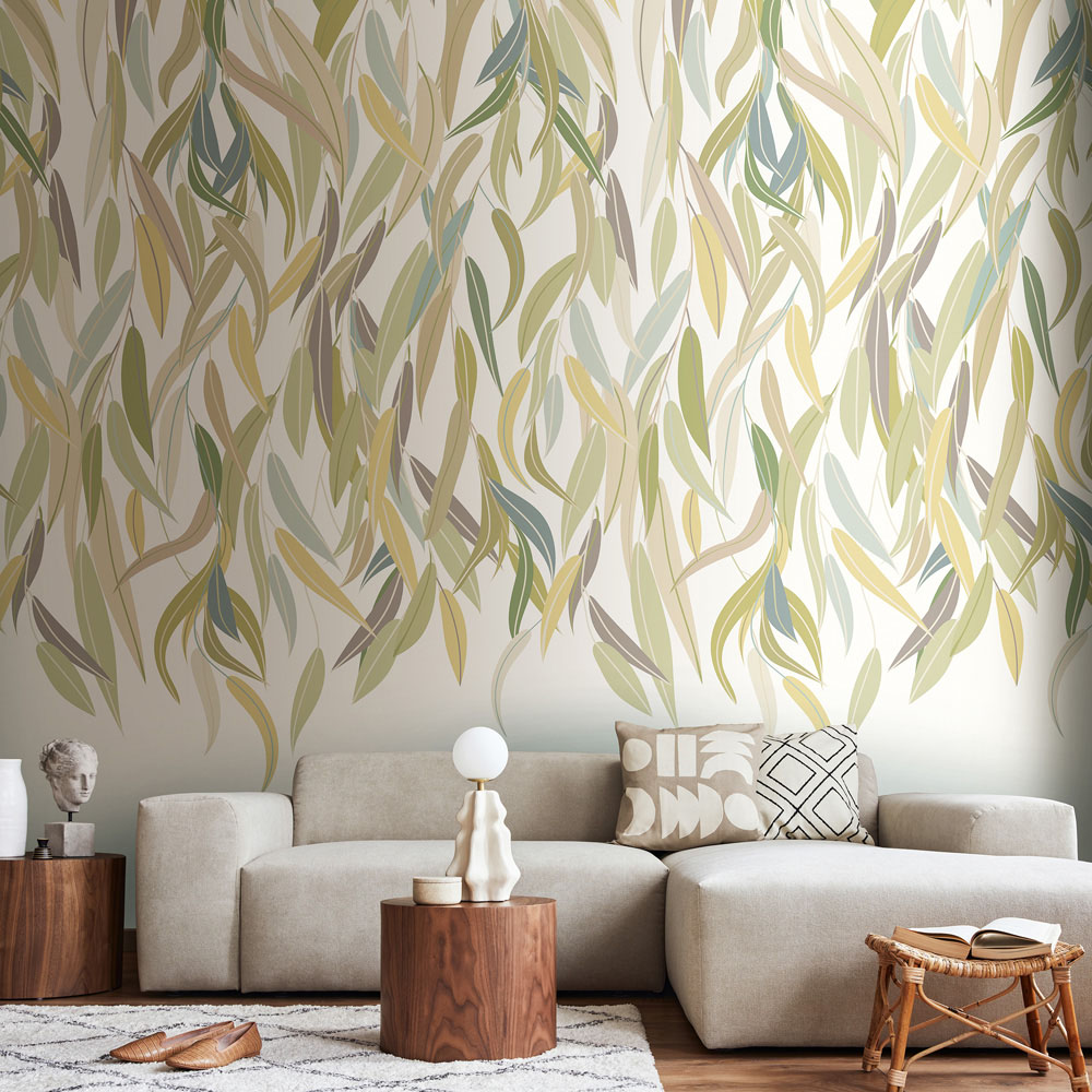 Origin Murals Repeatable Willow Leaf Vine Olive and Stone 3 Drop Wall Mural Image 3