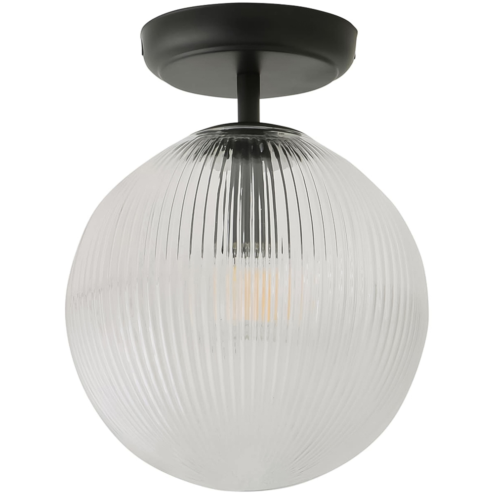 ValueLights Kempton Matt Black Ribbed Globe Shade Flush Ceiling Light with Bulb Image 1