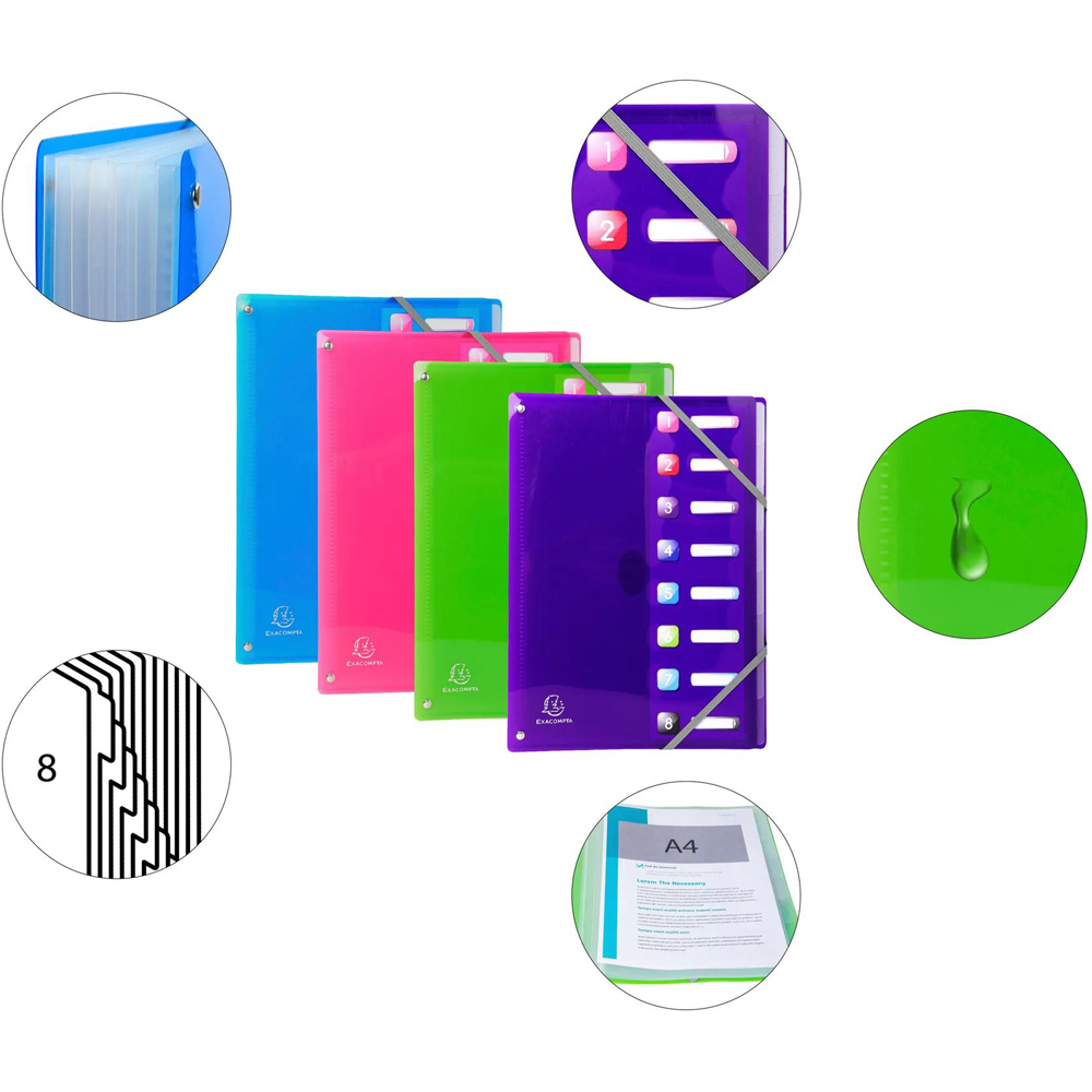 Exacompta Iderama Assorted Colours 8 Sections PP A4 Expanding Multi Part File 8 Pack Image 8