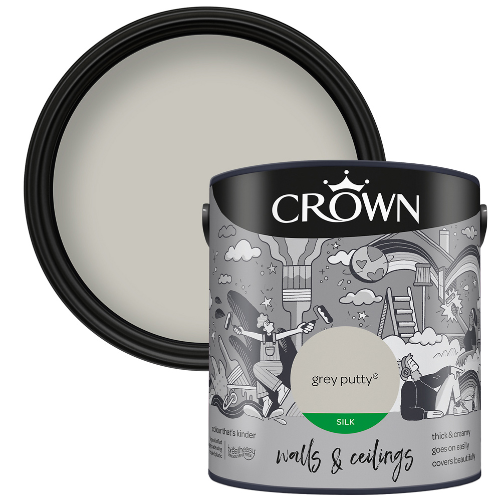 Crown Breatheasy Walls & Ceilings Grey Putty Silk Emulsion Paint 2.5L Image 1