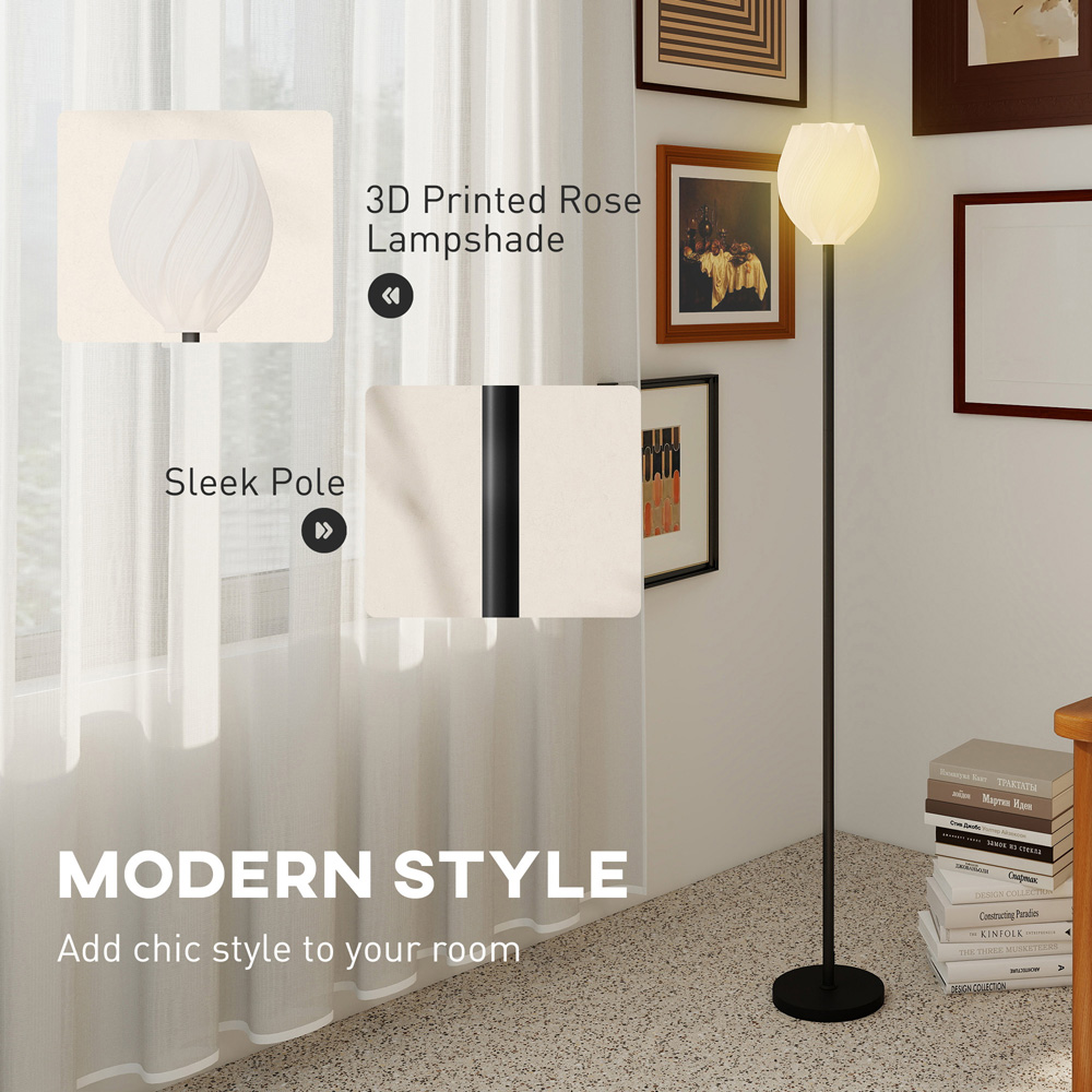 HOMCOM White 3D Printed Rose Shade Black Floor Lamp with E27 Holder Image 8