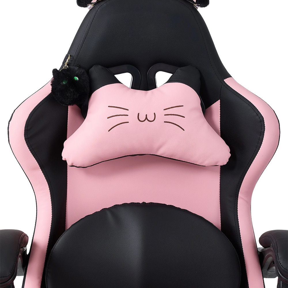 Living and Home Black and Pink Cat Ear Design Gaming Chair with Massage Lumbar Pillow Image 5