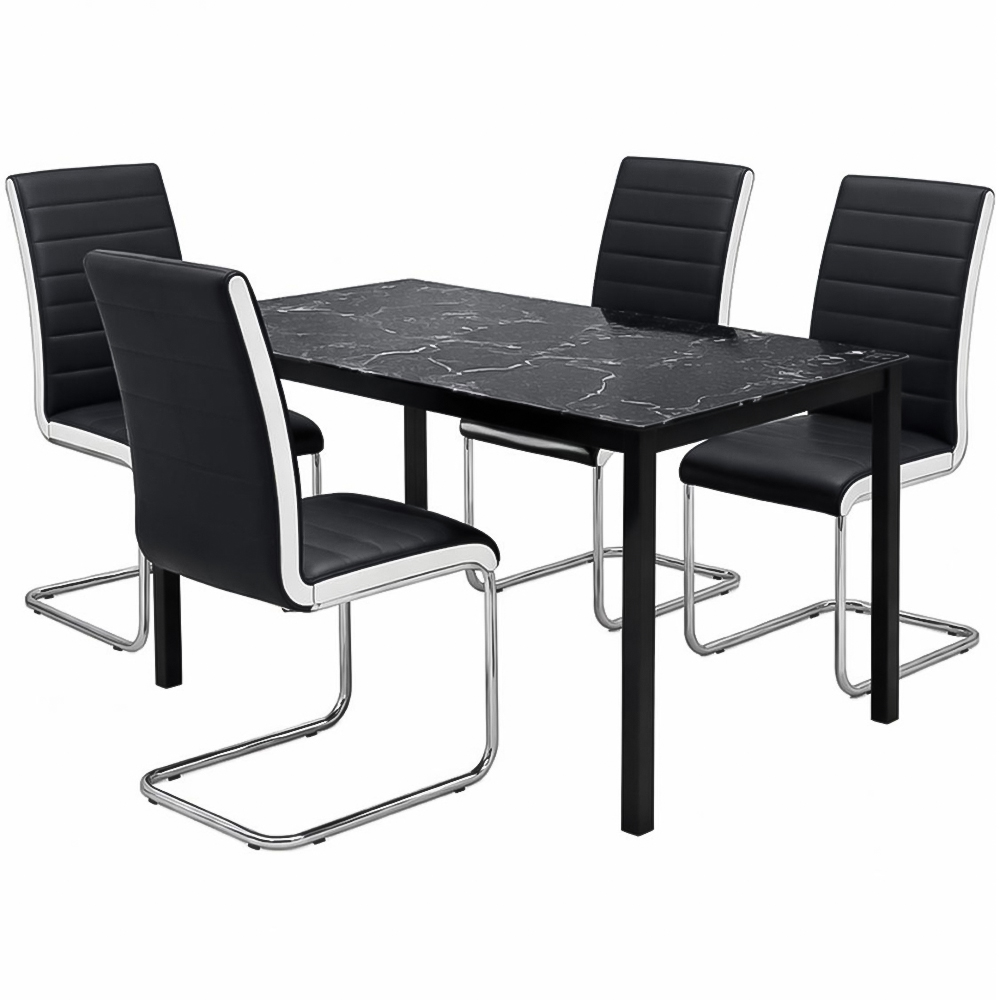 Portland 4 Seater Faux Leather Marble Effect Tabletop Dining Set Black and Chrome Image 2