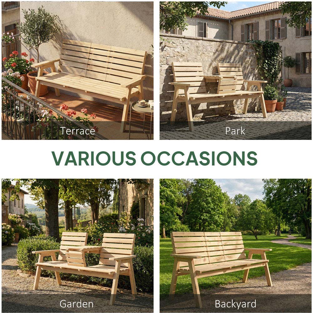 Outsunny 3 Seater Natural Wooden Convertible Garden Bench with Centre Table Image 5