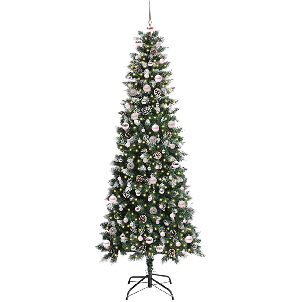 vidaXL Pre-Lit Pink Baubles Green Artificial Snow Tipped Christmas Tree 8ft Image 1