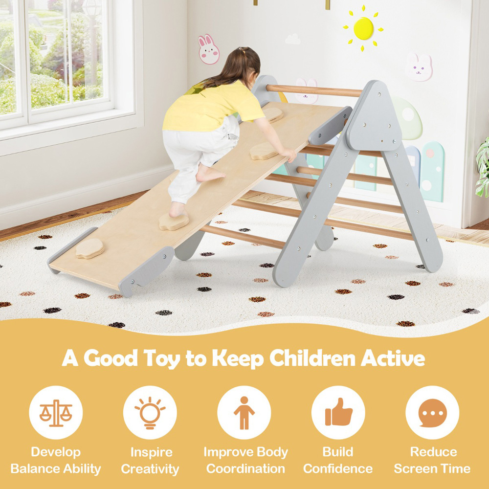 Costway 5-in-1 Kids Grey Triangle Climbing Toy with Arch Ramp Image 6