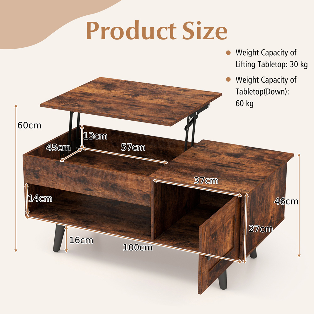 Costway Single Door Single Shelf Rustic Brown Lift Top Coffee Table Image 9
