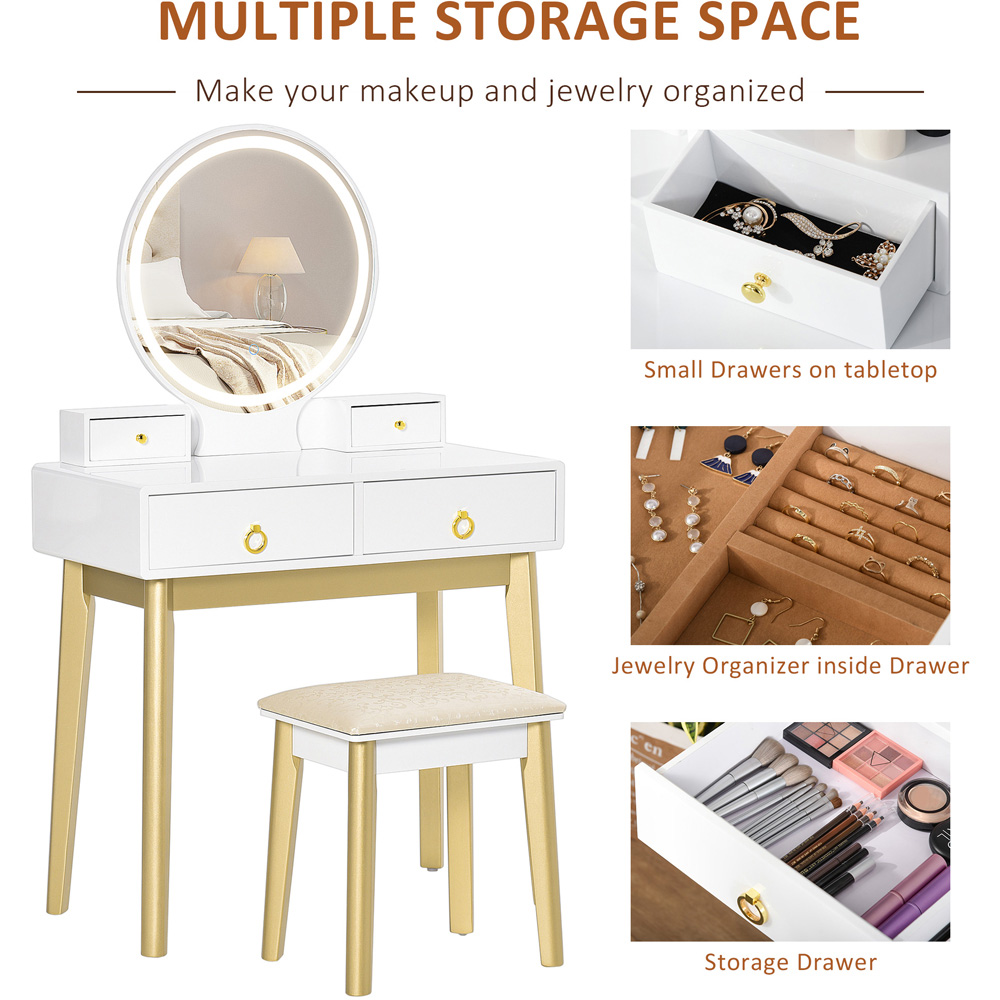 HOMCOM 4 Drawer White LED Mirror Dressing Table Set with Stool Image 6