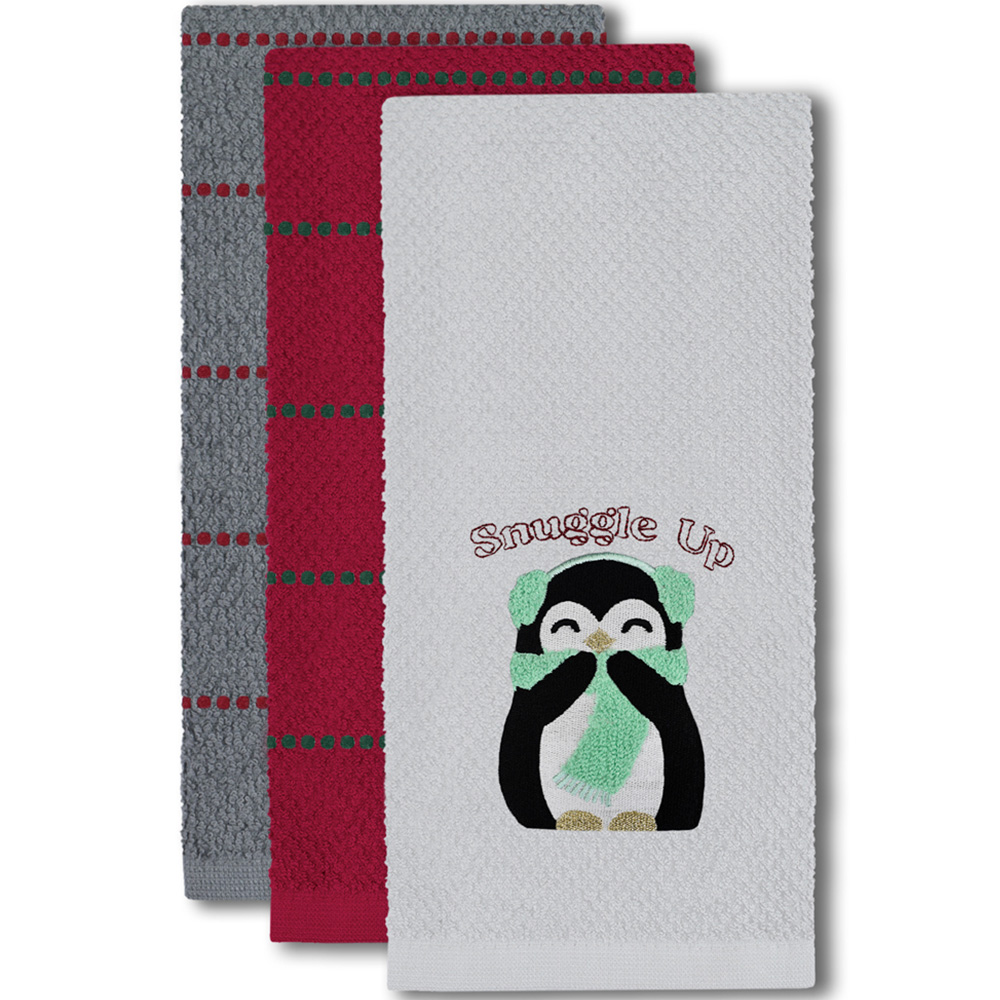 Noel Square Penguins Snuggle White Tea Towel 3 Pack Image 3