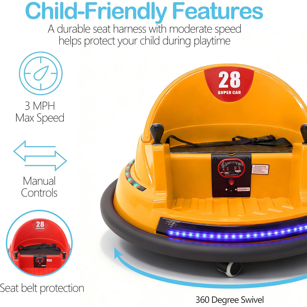 Alivio Kids Yellow 360 Degree Spin Ride-On Bumper Car with Remote Control and Safety Belt Image 8