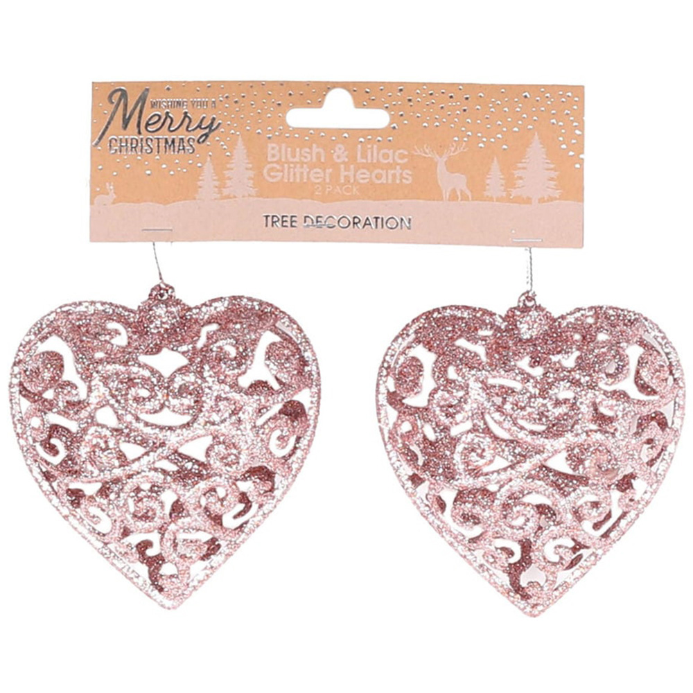 Sugar Wonderland Blush and Lilac Glitter Heart Christmas Decoration 2 Pack Image 3