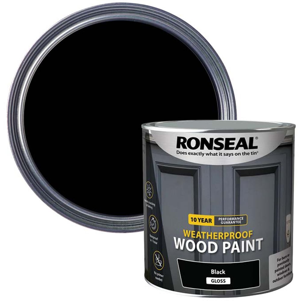 Ronseal 2 in 1 10 Year Weatherproof Black Gloss Primer Wood Paint 2.5L Image 1