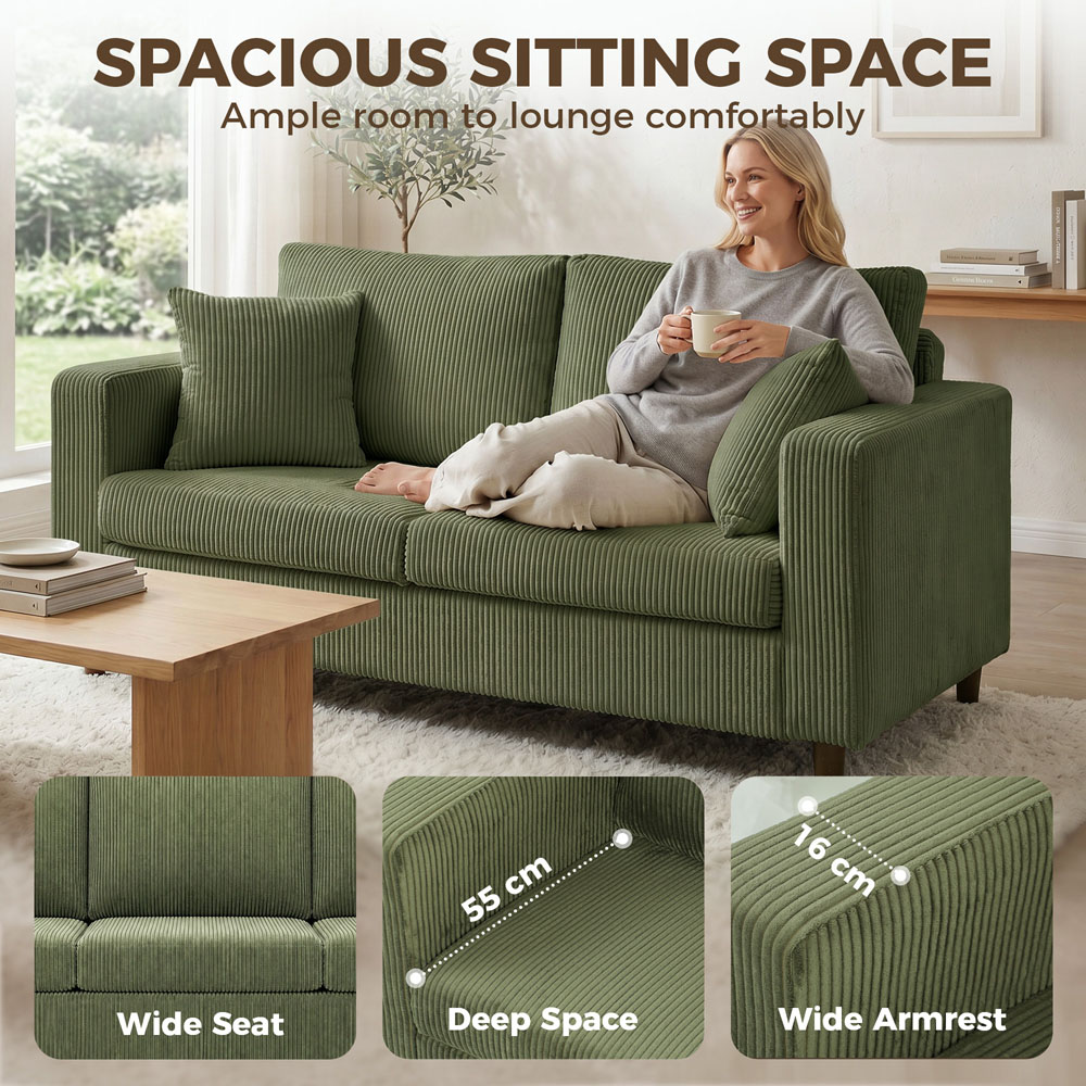 HOMCOM 2 Seater Green Corduroy Upholstered Wide Seat Loveseat Sofa Image 4