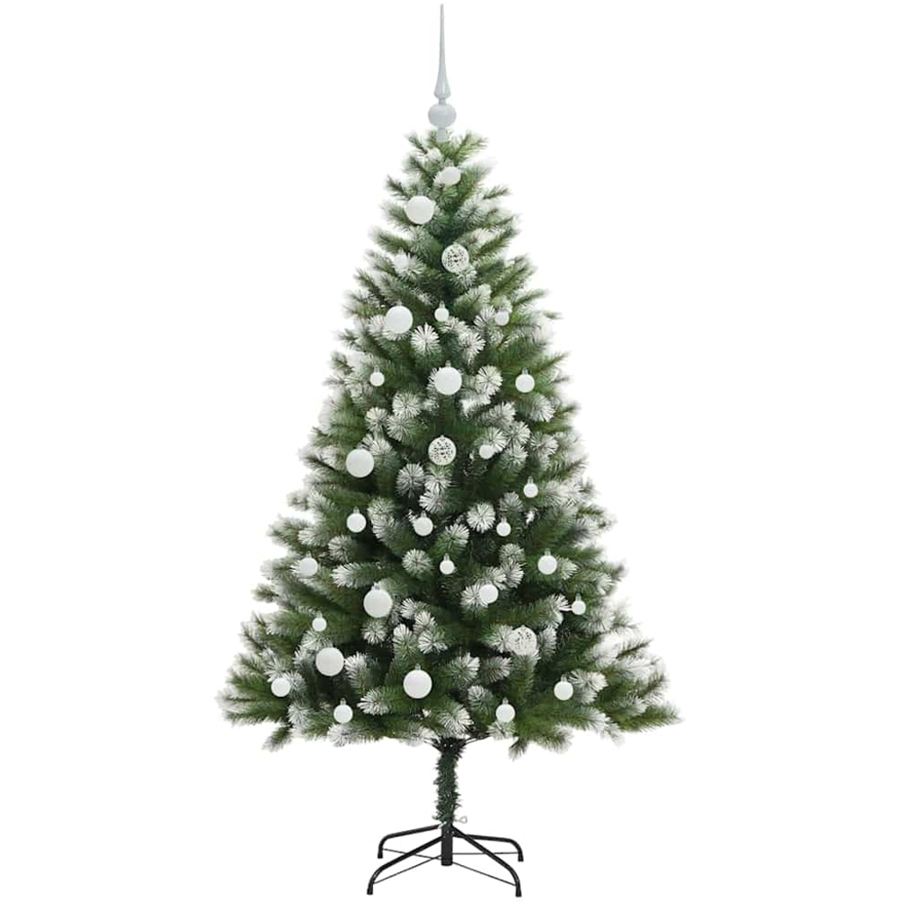 vidaXL Pre-Lit White Baubles Green Artificial Snow Tipped Hinged Christmas Tree 5ft Image 4