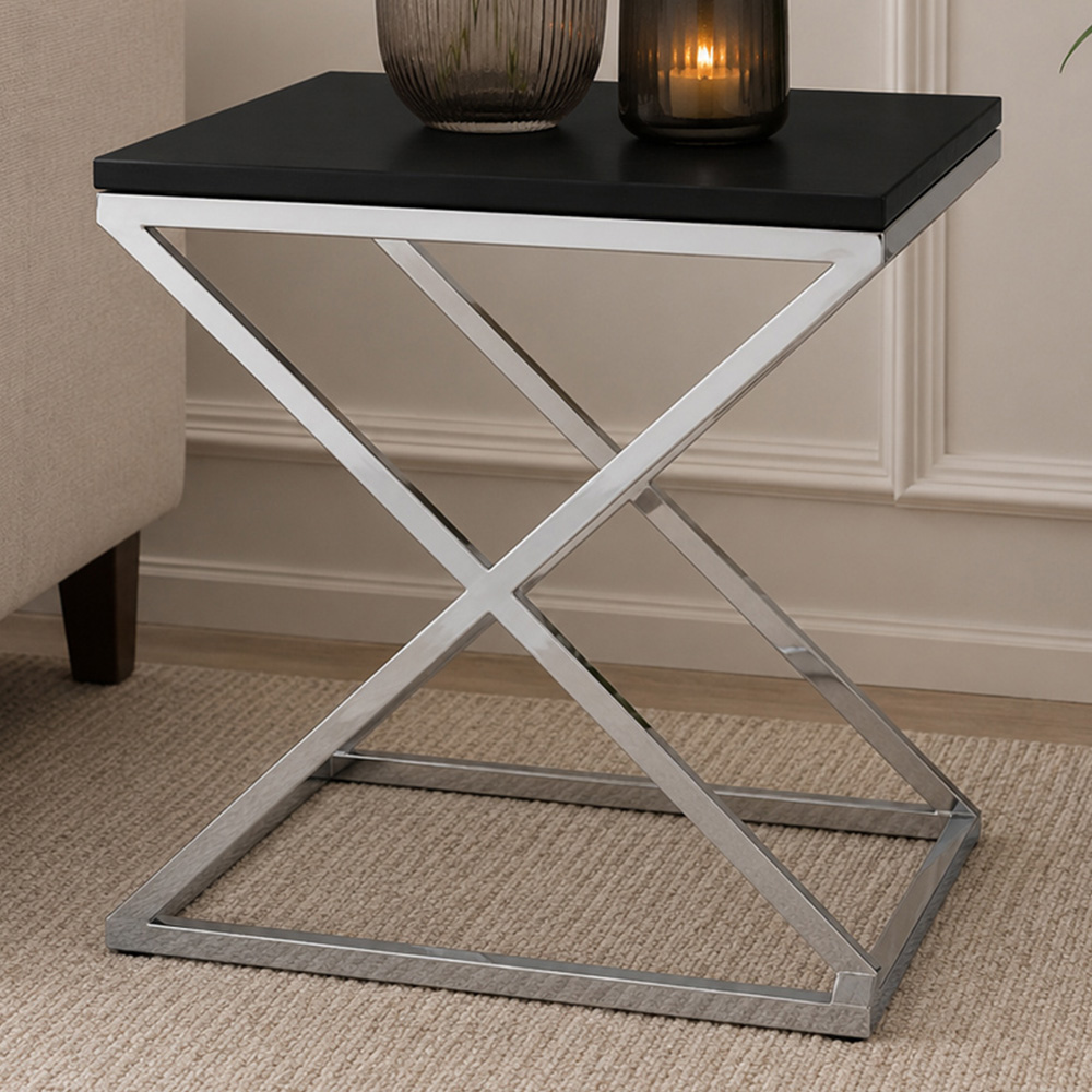 Premier Housewares Tribute Black Leather Effect Side Table with Silver Base Image 1