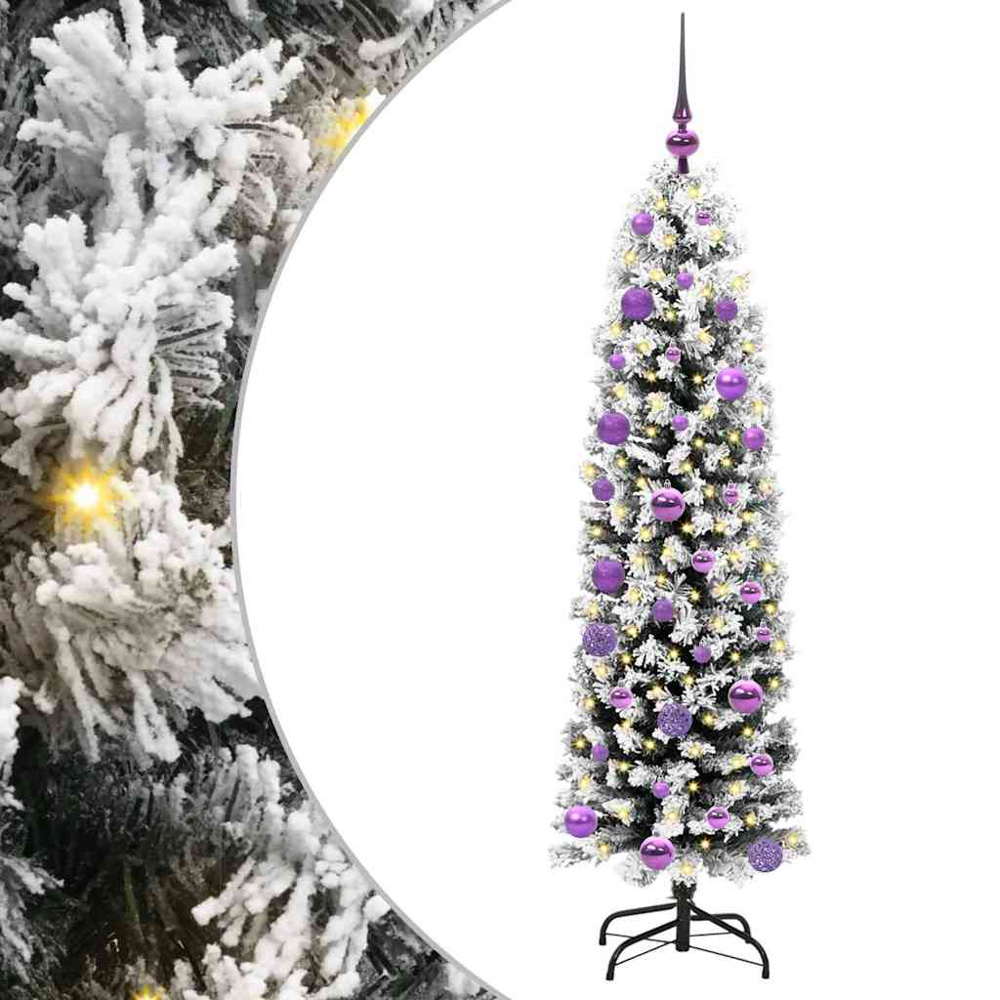 vidaXL Green Snow Flocked Artificial Christmas Tree with LEDs Lilac Decoration Ornaments 5ft Image 2