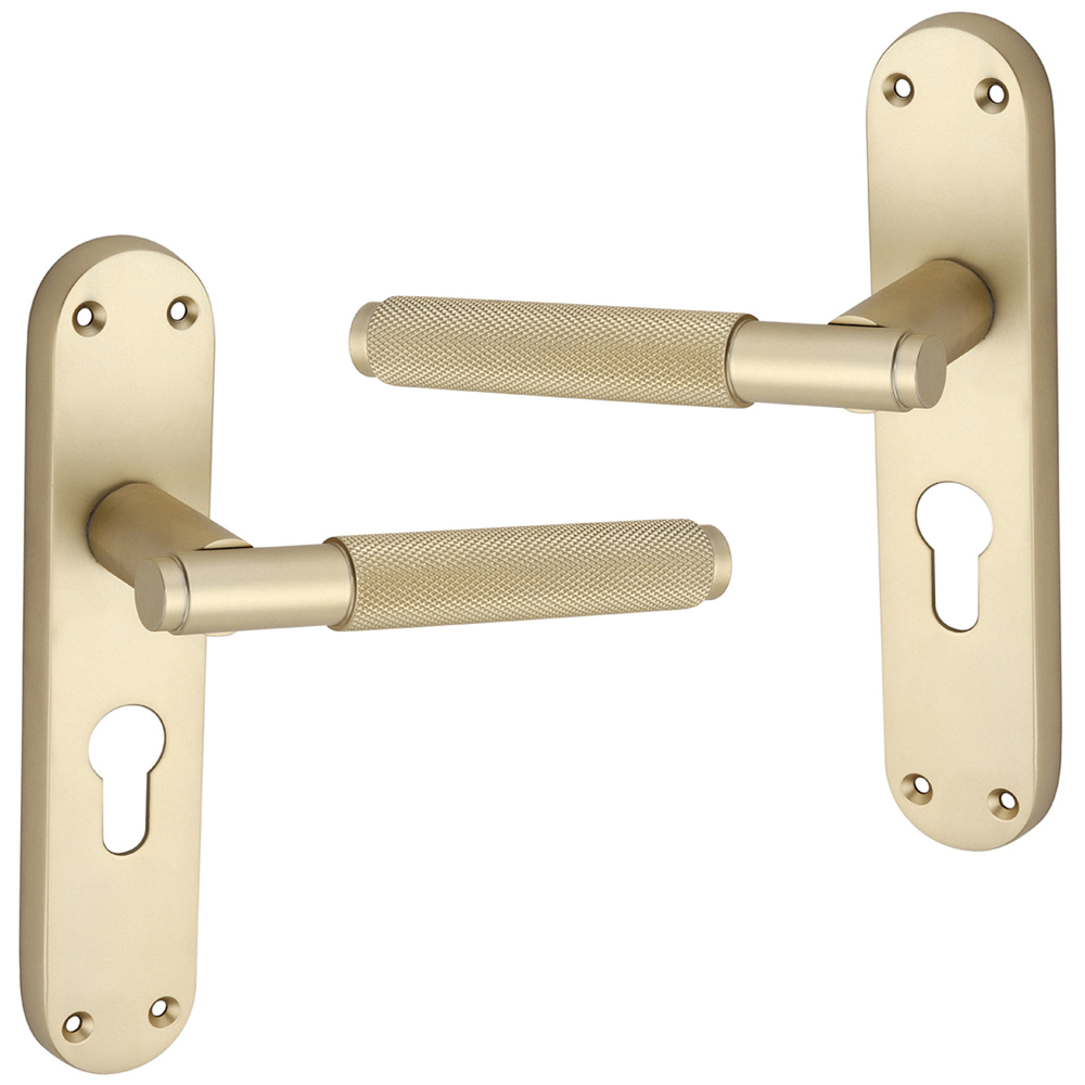 Spira Brass Connaught Satin Brass Knurled Lever Door Handle with Euro Backplate 2 Pack Image 1