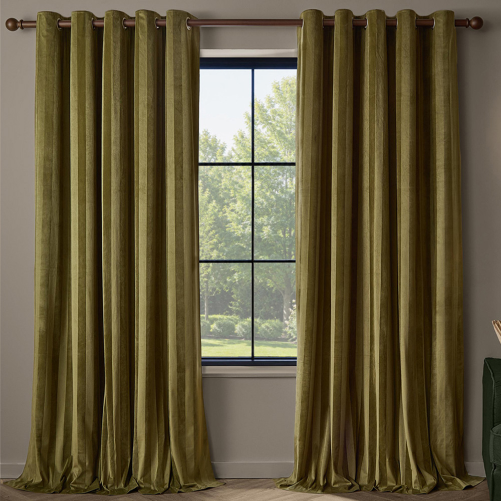Paoletti Regency Olive Stripe Velvet Lined Eyelet Curtains 168 x 137cm Image 1