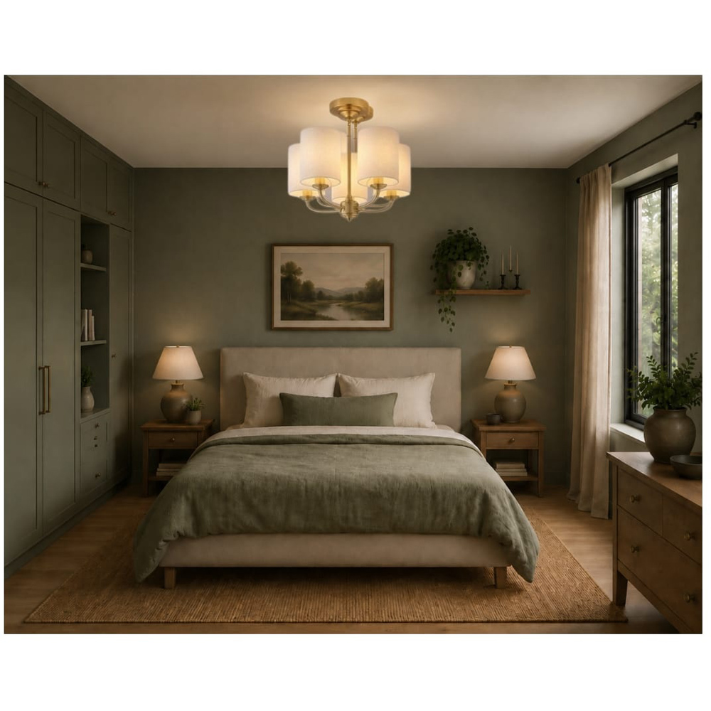Cosylyte Winston 5 Light Classic Faux Linen Drum Shade Brass Ceiling Light Image 7