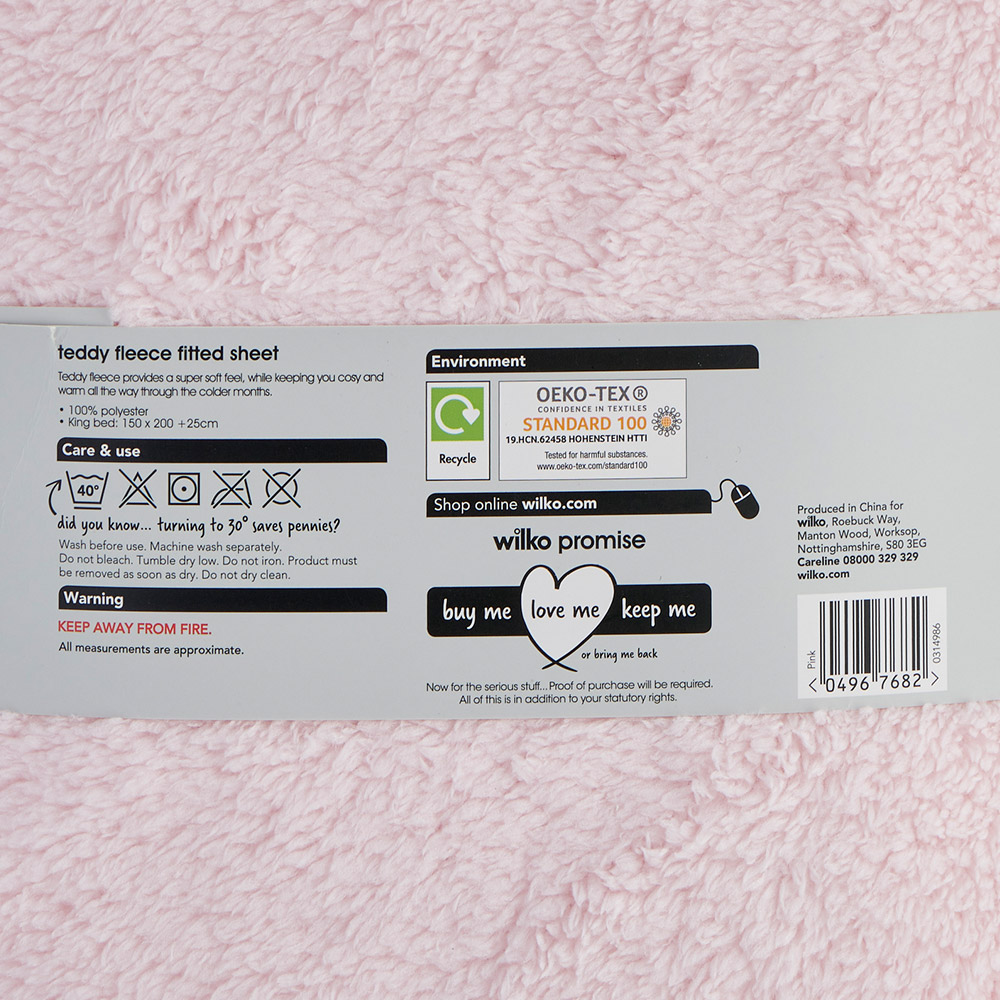 Wilko King Blush Pink Soft Teddy Fleece Fitted Bed Sheet Image 5