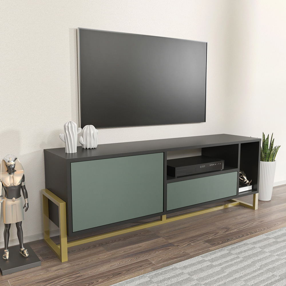 Decorotika Utopie Single Drawer Single Door 2 Shelf Black and Green TV Unit Image 7
