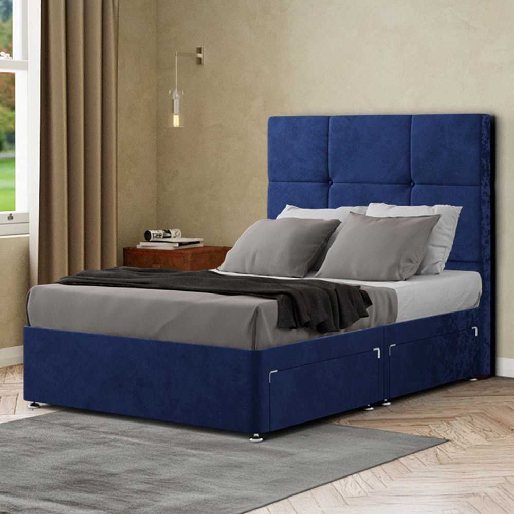 Portland Jacob Single Navy Plush Divan Bed Frame with 2 Drawers and Headboard Image 1