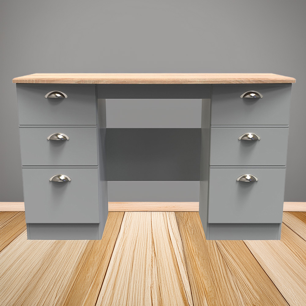Crowndale Victoria 6 Drawer Dusk Grey and Oak Kneehole Computer Desk Image 1