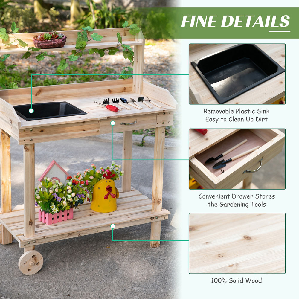 Outsunny Wooden Potting Bench with Wheels Image 5
