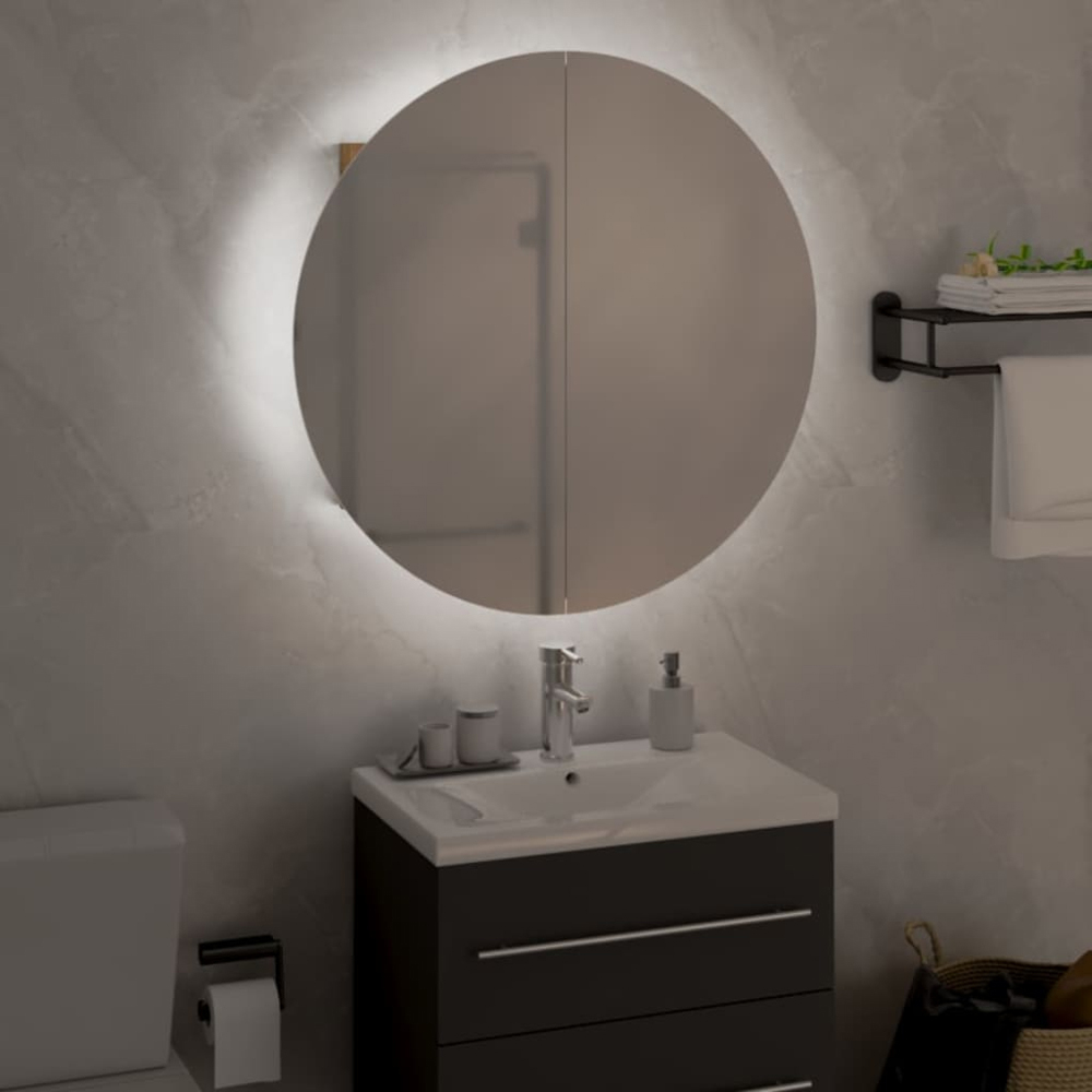 vidaXL 2 Door LED Round Mirror Oak Bathroom Cabinet Image 5