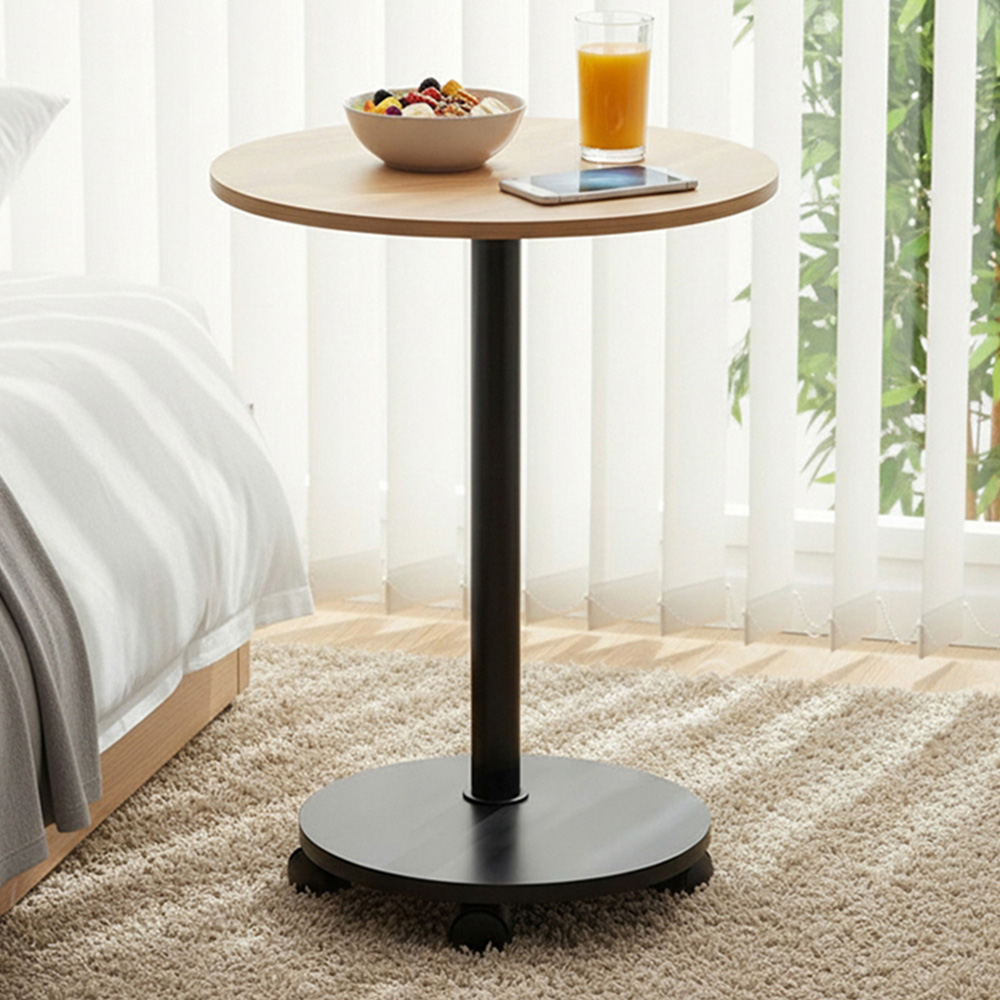 Living and Home Natural Wood Round Side Table with Lockable Castors Image 1