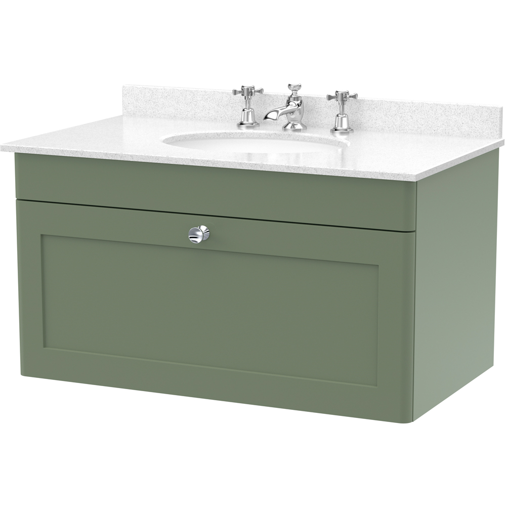 nuie Classique Single Drawer Satin Green and White Wall Hung Unit and 3 Tap Hole Marble Basin 800mm Image 1