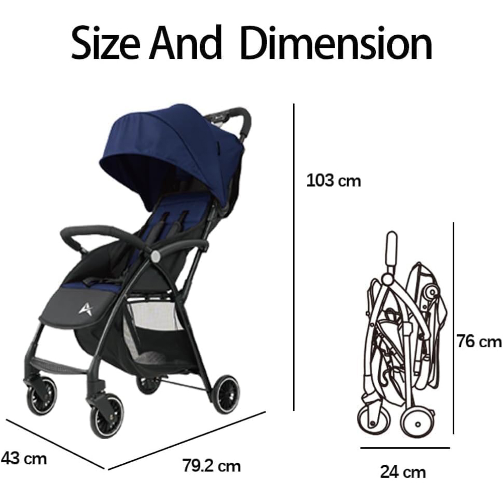 Alivio Navy Blue Foldable Baby Stroller with Mosquito Net and Shoulder Strap Image 7