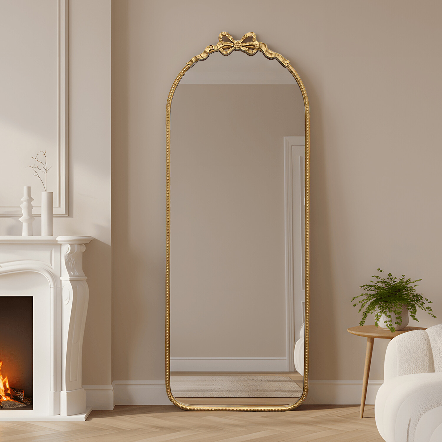 Bow Beaded Metal Dress Mirror Gold Image 3