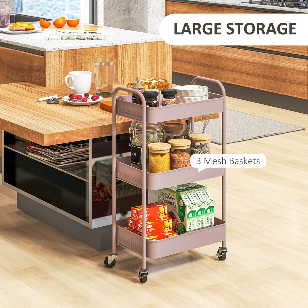 HOMCOM 3-TierPink Rolling Utility Cart Image 8