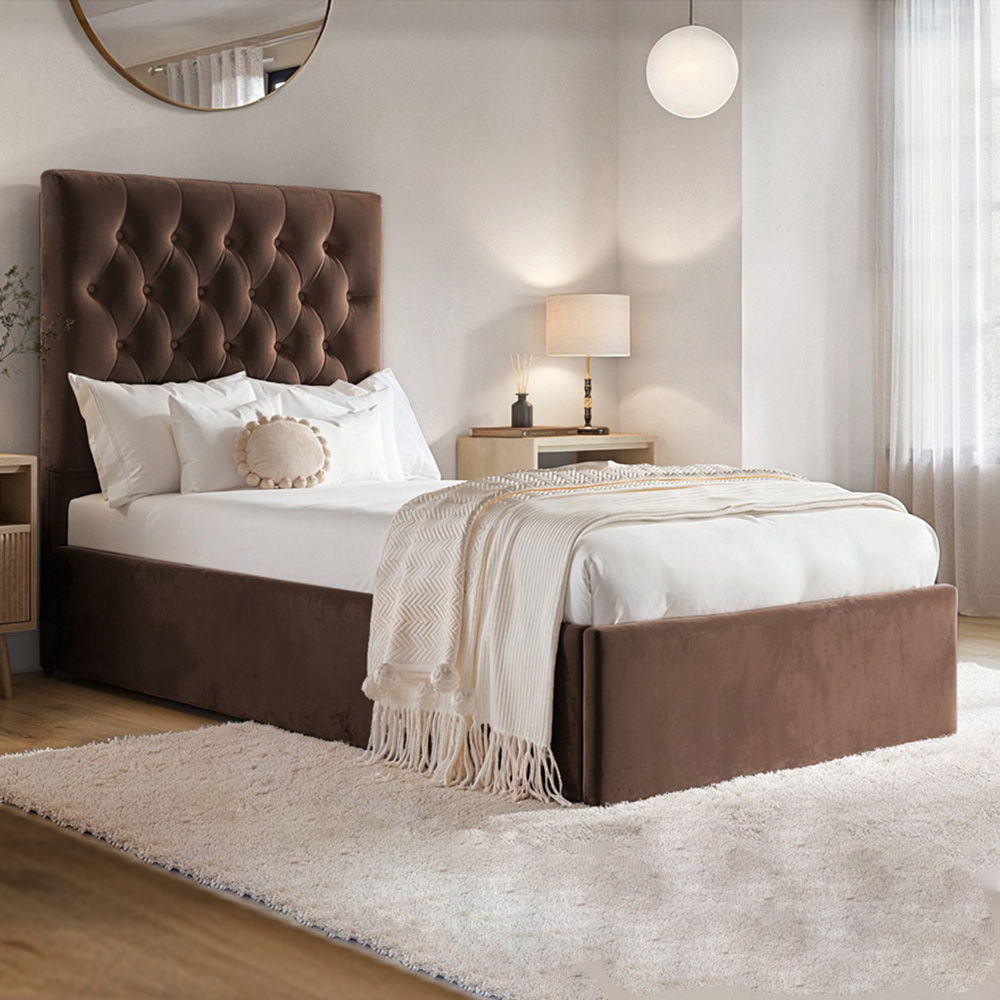 Flair Milan Single Brown Velvet Lift-Up Ottoman Bed Image 1