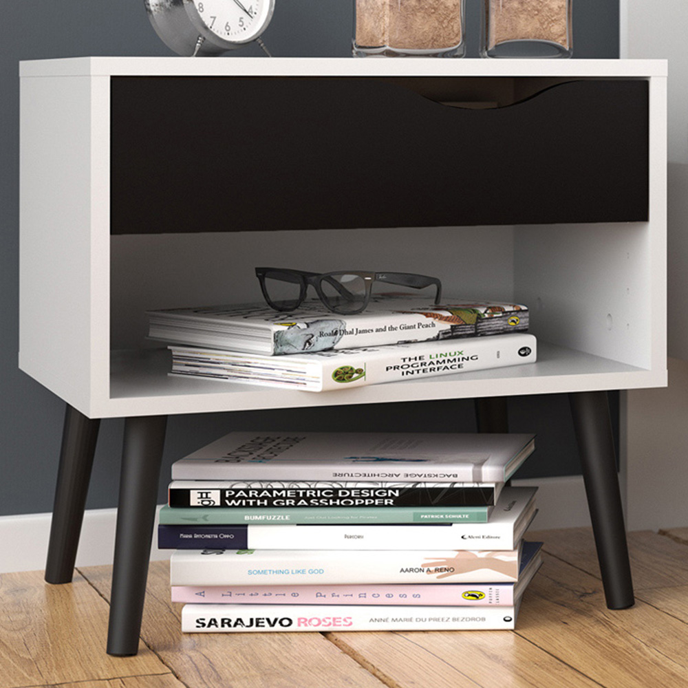 Florence Single Drawer White and Matt Black Bedside Table Image 1