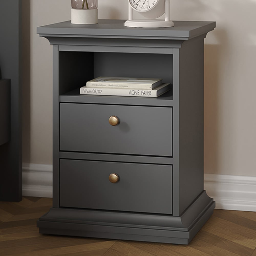 Florence Paris 2 Drawer Matt Grey Bedside Table Image 1