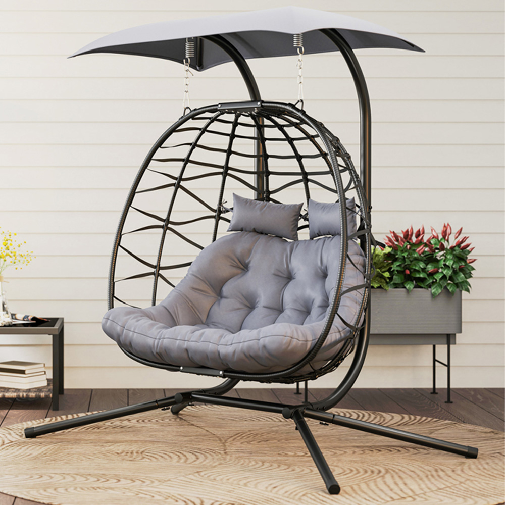 Outsunny 2 Seater Black Rattan Hanging Egg Chair with Canopy and Cushion Image 1