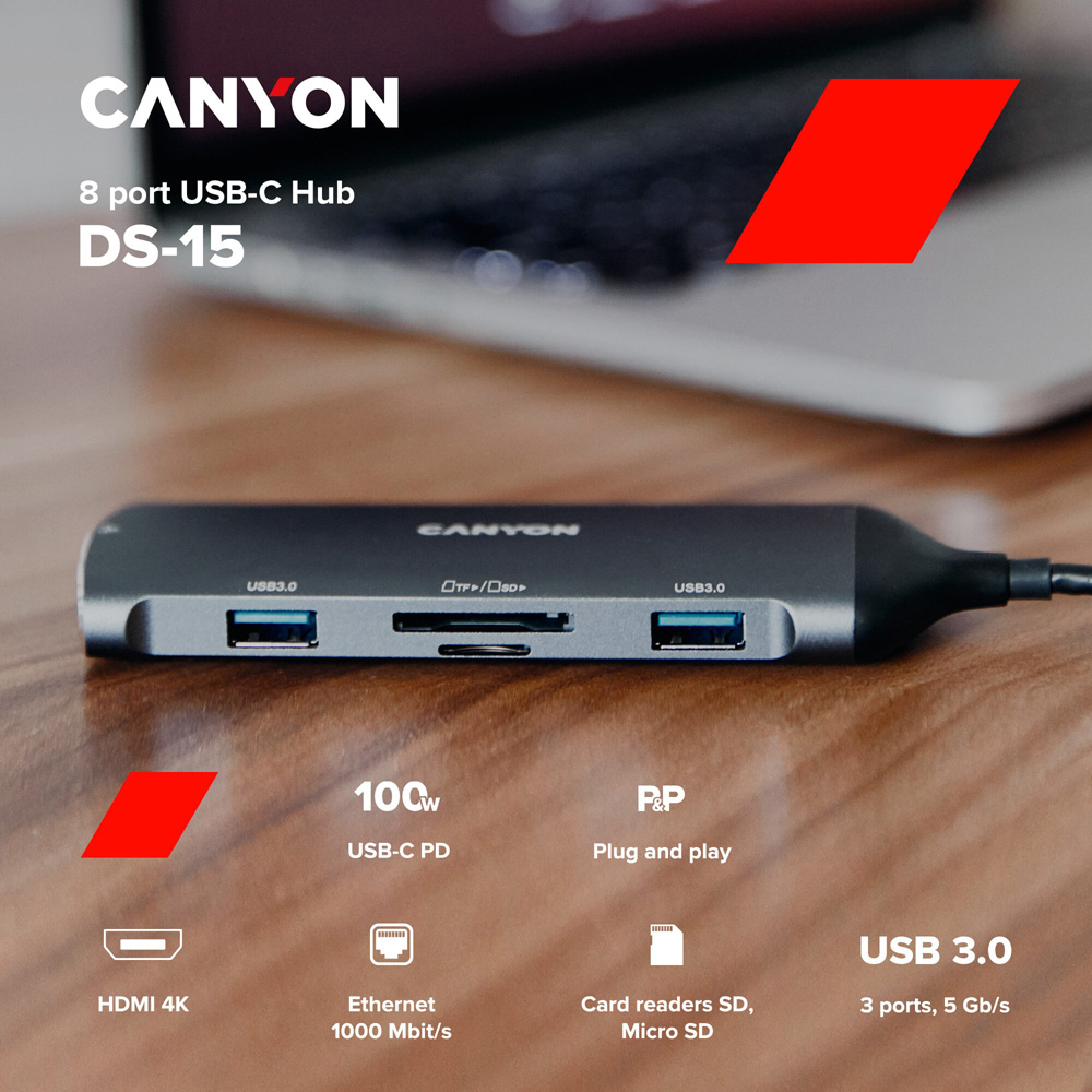 Canyon DS-15 8 in 1 4K USB C Dark Grey Docking Station Image 3