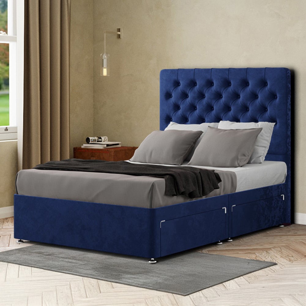 Portland Winchester King Size Navy Plush Divan Bed with 2 Drawers and Headboard Image 1