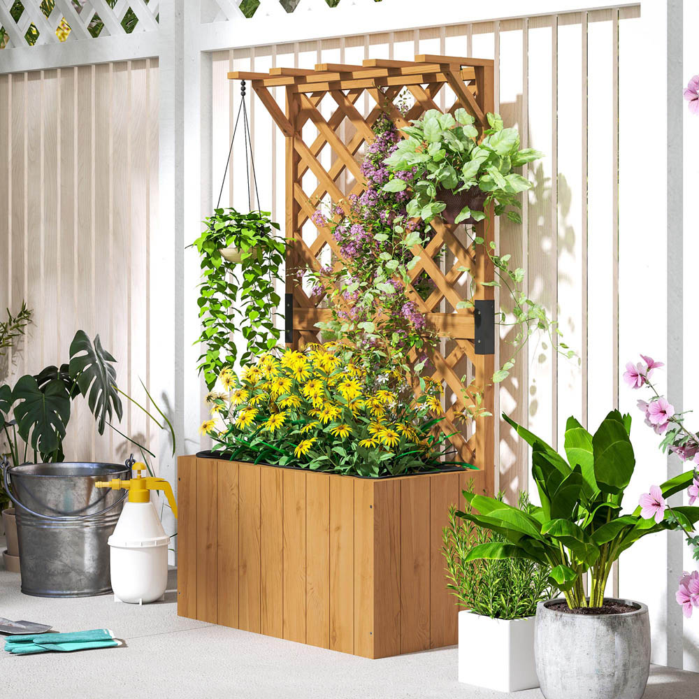 Outsunny Natural Wooden Planter with Trellis Image 5