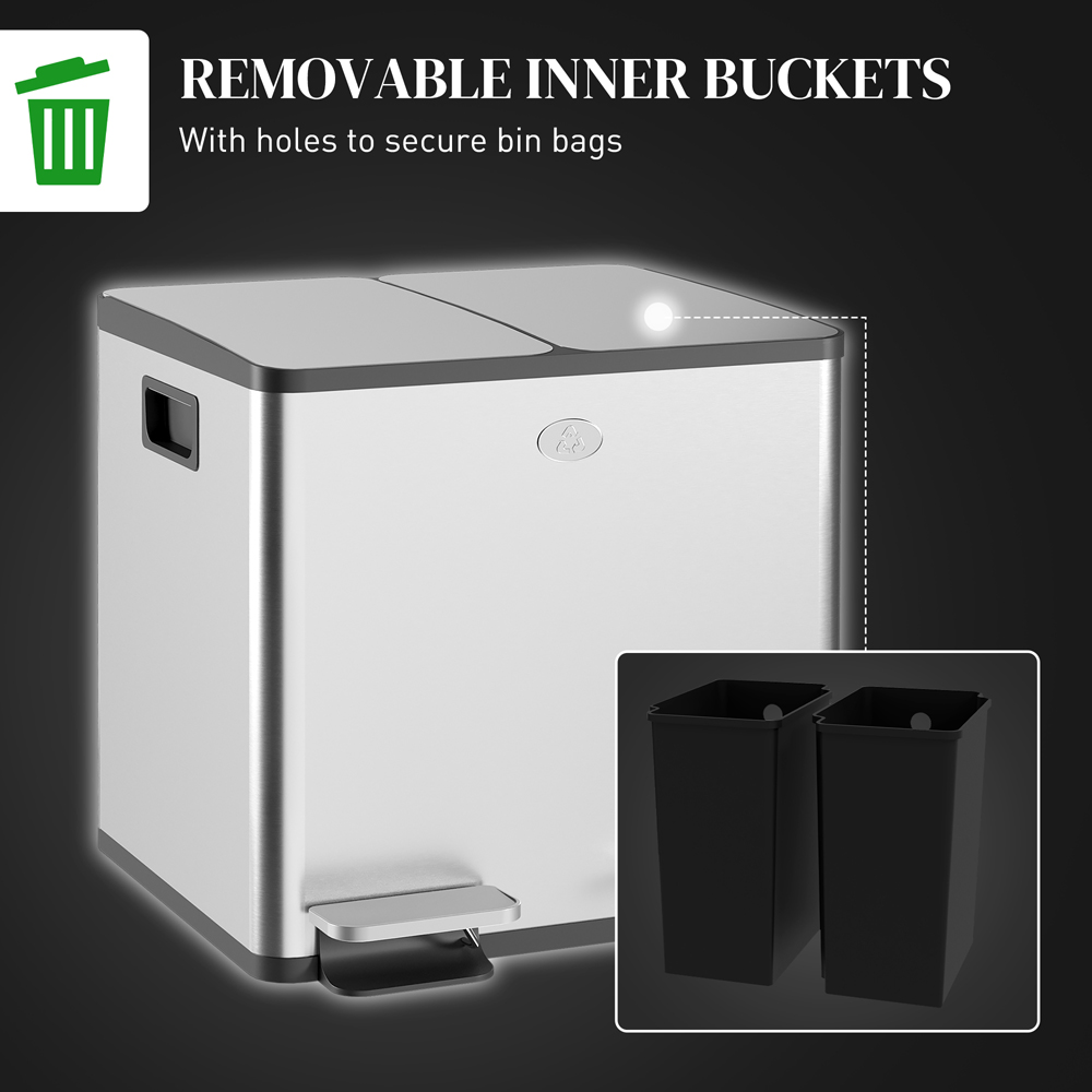 HOMCOM Silver Tone Stainless Steel Double Pedal Bin with Soft-Close Lid 30L Image 7