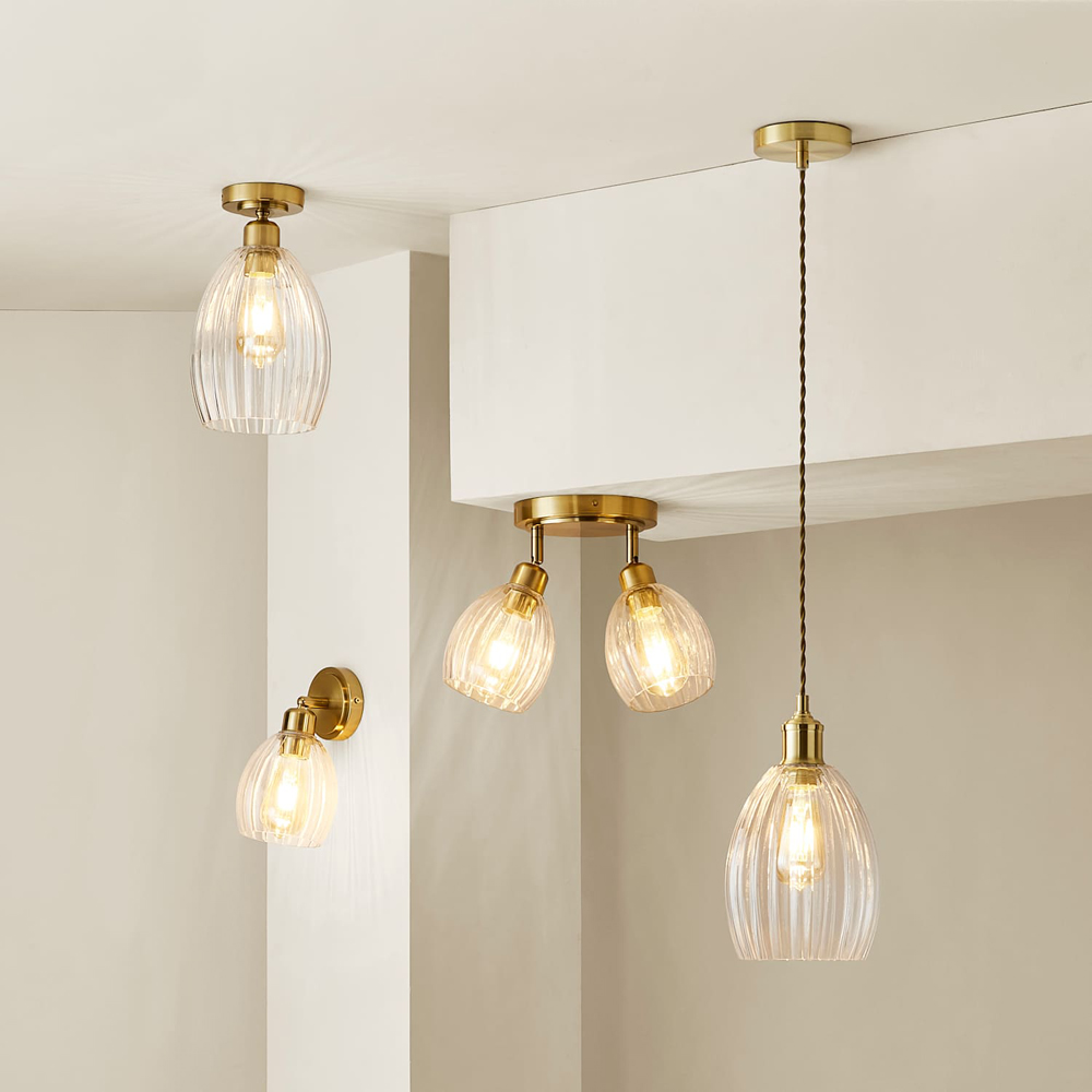 ValueLights Cheltenham Ribbed Shade Brushed Gold Flush Ceiling Light with Bulb Image 6