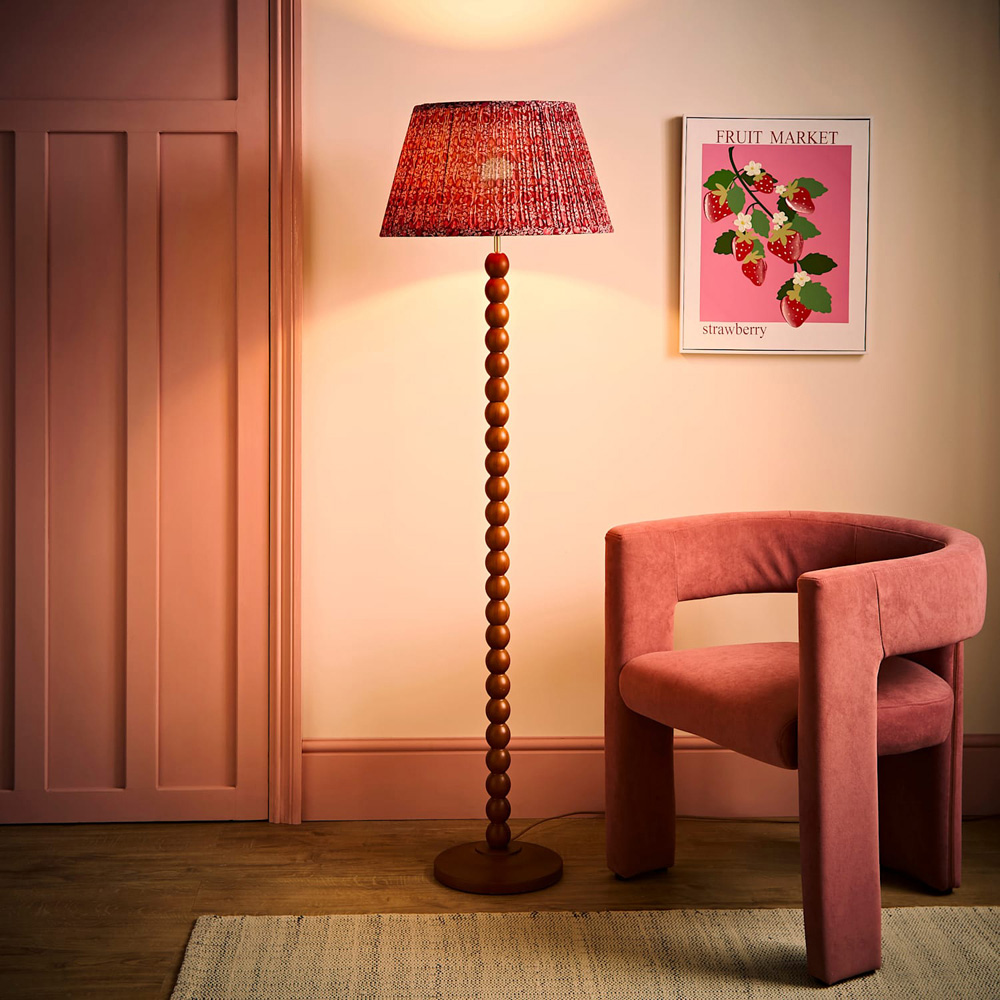ValueLights Bobble Burgundy Pleated Shade Walnut Wooden Floor Lamp with Bulb Image 2